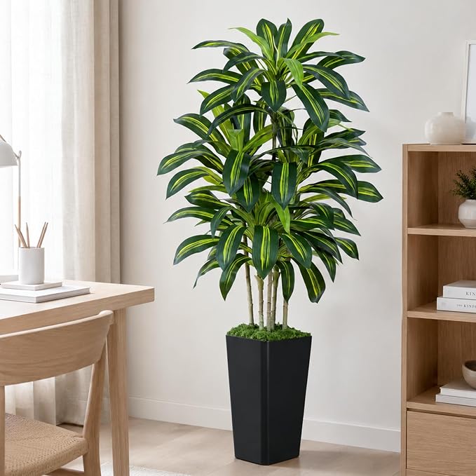 Dracaena Plant Artificial Tree 5Ft Tall Fake Tropical Floor Plants Potted (Real Touch) Artificial Silk Tree Leaf Faux Trees Black Tall Planter for Home Office Living Room Indoor Outdoor Decor