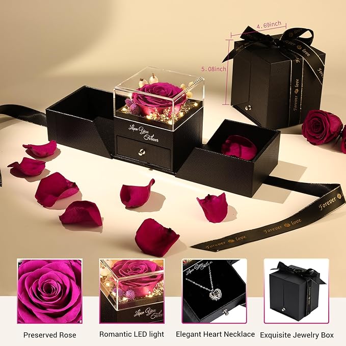 FIACO Gifts for Mom Preserved Real Roses with I Love You Necklace Fresh Forever Flowers Mothers Day Flower Gifts for Women Grandma Anniversary Birthday Gift for Girlfriend Wife Daughter