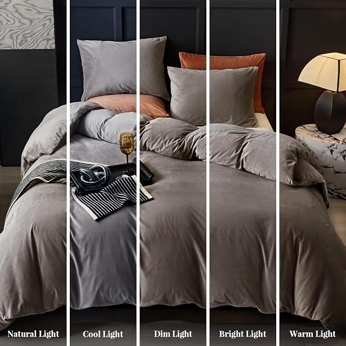 WARMDERN Khaki Flannel Velvet Duvet Cover King Size Duvet Cover Bedding Sets, 3pcs Ultra Soft Luxury Textured Modern Crystal Velvet Duvet Covers with Zipper Closure(Khaki, King)