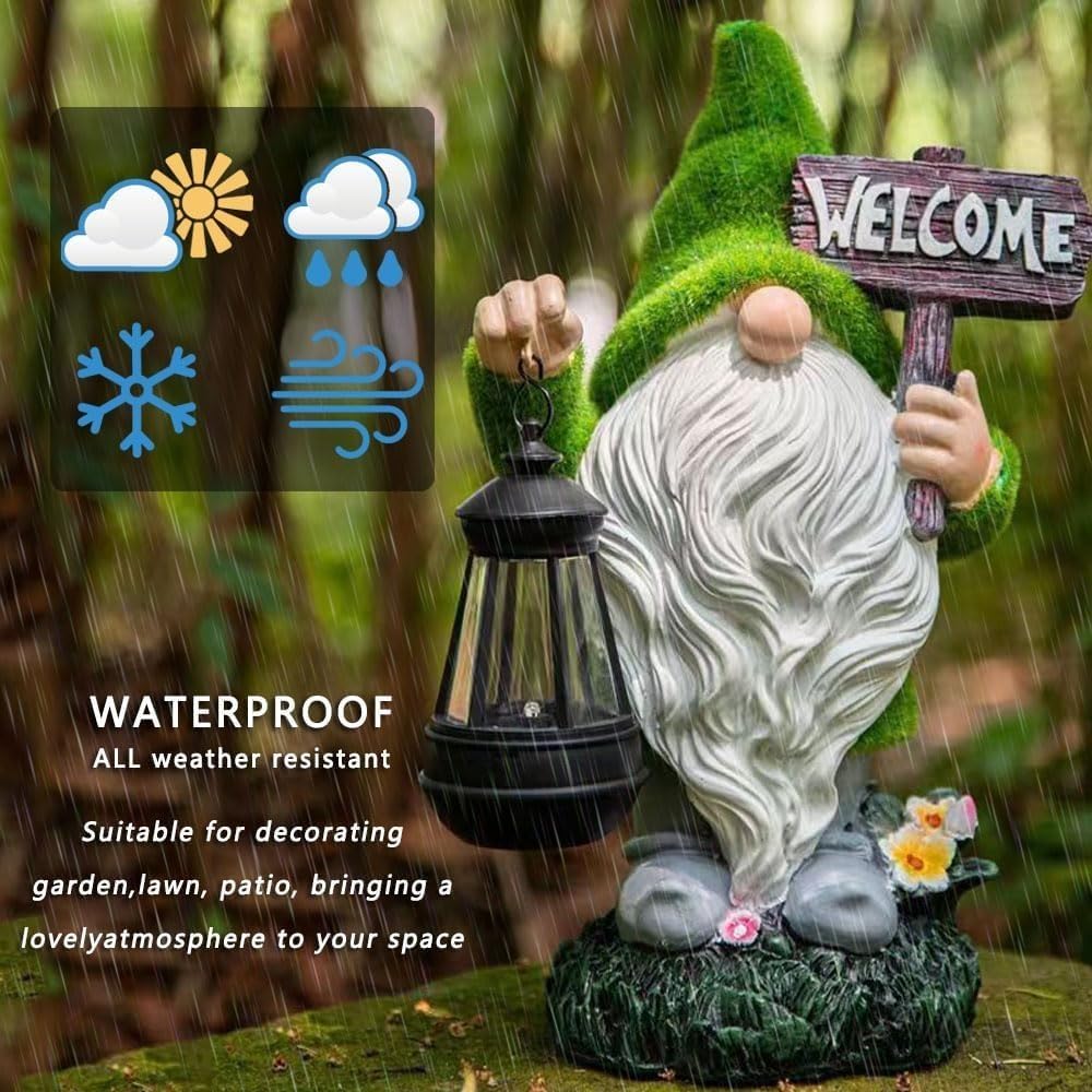 Solar Gnome Outdoor Garden Fall with Solar Lantern - 11’’Halloween Autumn Welcome Gnomes Decorations for Yard Patio (Green & White)