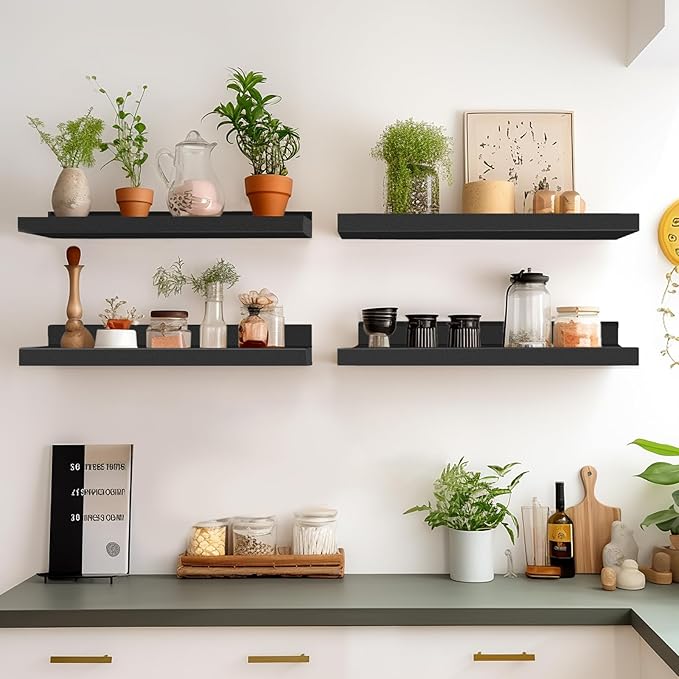 LaVie Home 23.6-Inch Black Floating Shelves for Wall Storage Set of 4 - Modern Minimalist Picture Ledge Shelf Wall Decor for Kitchen, Bedroom, Bathroom, and Living Room