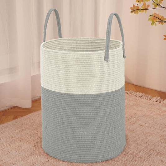 JMvicyroam Large Woven Laundry Basket Hamper,80L Cotton Rope Storage Bin for Blankets,Toys and Clothes,Decorative Tall Nursery Hamper for Living Room,Baby Nursery,Bathroom and Bedroom,White and Grey