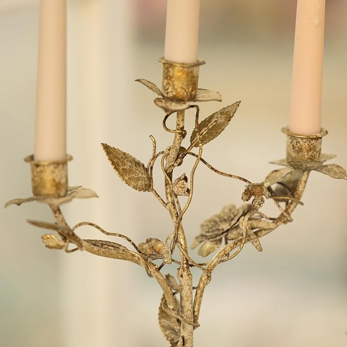 Vintage 3-Arm Metal Candelabra, Distressed Gold Leaf & Floral Design Candle Holder, 14.37" Tall Tabletop Candlestick Stand for Wedding, Dining Table & Home Decor