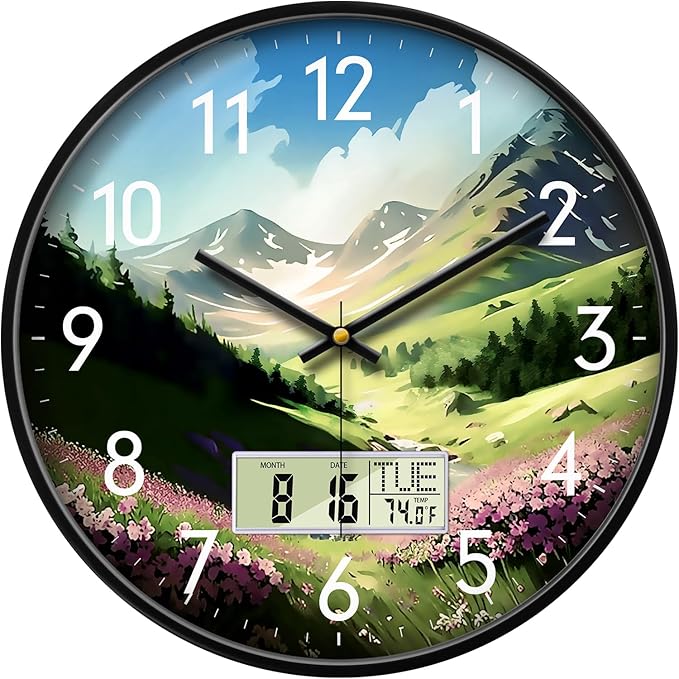 14 Inch Mountain Wildflowers Wall Clock, Silent Non-Ticking Battery Operated Analog Clock with LCD Calendar & Temperature Display, Modern Wall Clock for Living Room, Bedroom, Farmhouse, Cottage Decor