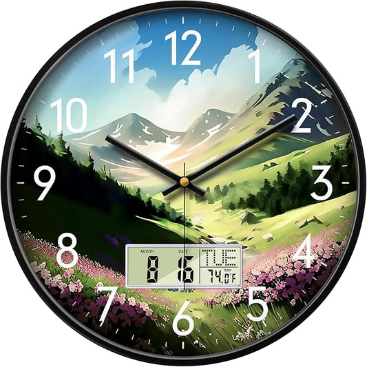 14 Inch Mountain Wildflowers Wall Clock, Silent Non-Ticking Battery Operated Analog Clock with LCD Calendar & Temperature Display, Modern Wall Clock for Living Room, Bedroom, Farmhouse, Cottage Decor