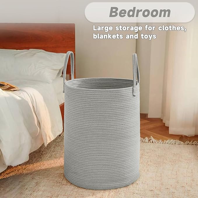 JMvicyroam Large Woven Laundry Basket Hamper,60L Cotton Rope Storage Bin for Blankets,Toys and Clothes,Decorative Tall Nursery Hamper for Living Room,Baby Nursery,Bathroom and Bedroom,Grey