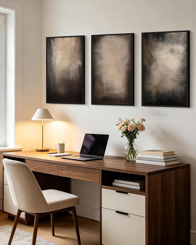 PHOPAGO Abstract Framed Wall Art Large 16x24in Earthy in Deep Brown and Beige Tones Modern Art Decorative Keep Clam Bedroom Hallway Home Decor - Black Framed
