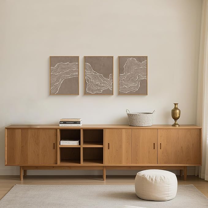 BICERE Abstract White Wave Framed Canvas Wall Art,Modern Minimalism Wall Decor,Neutral Geometric Line Art Painting,Textured Brown Artwork for Living Room,Bedroom,Dining Room,Office - 12"x16"x3