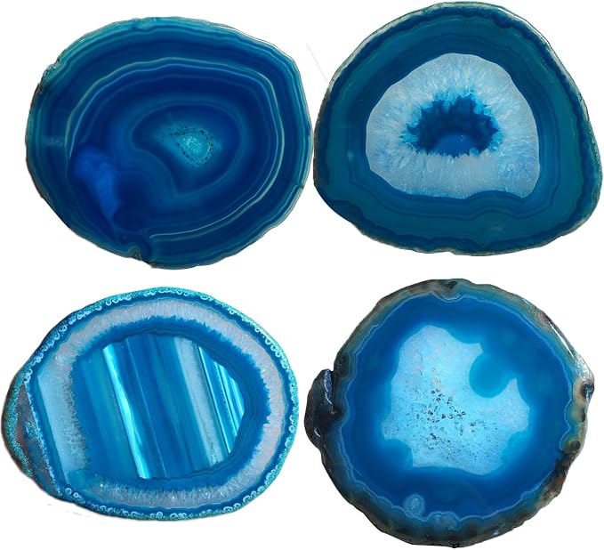 AMOYSTONE Teal Agate Coasters for Drinks - Set of 4 Geode Crystal Quartz Rock Slices With Rubber Bumpers 3-3.5"
