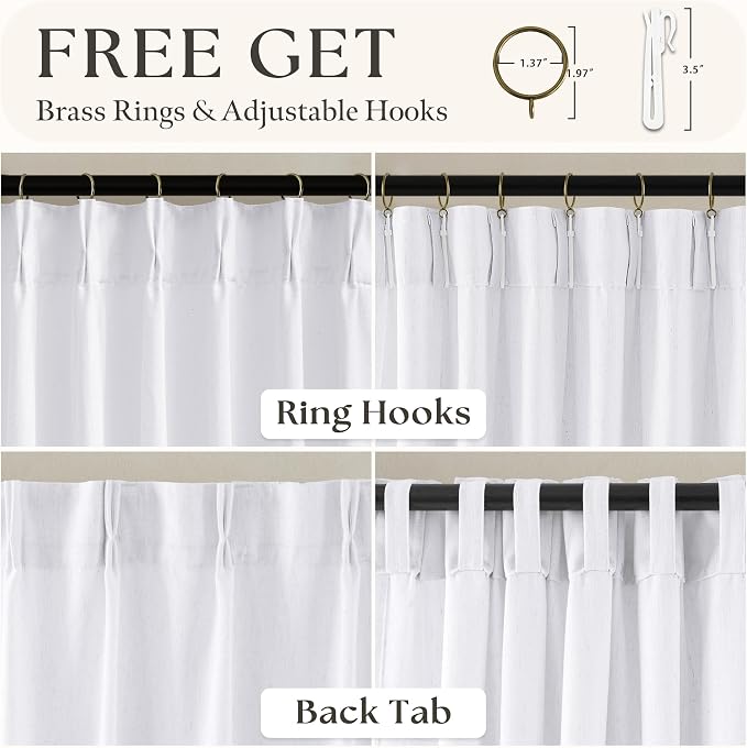 Extra Wide Pinch Pleat Linen Curtains 108 Inches Long for Living Room Sliding Glass Door 70 Inch Wide Semi Sheer Curtain White Pleated Drape Hooks Rings 70x108 Large Window Curtain 1 Panel
