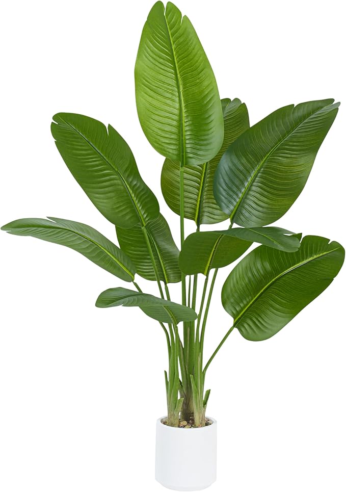 Artificial Bird of Paradise Plant 4FT Fake Palm Tree Feaux Plants in White Pot Artificial Tree Fake Plant for Indoor Outdoor Modern Decoration for Home Living Room Office