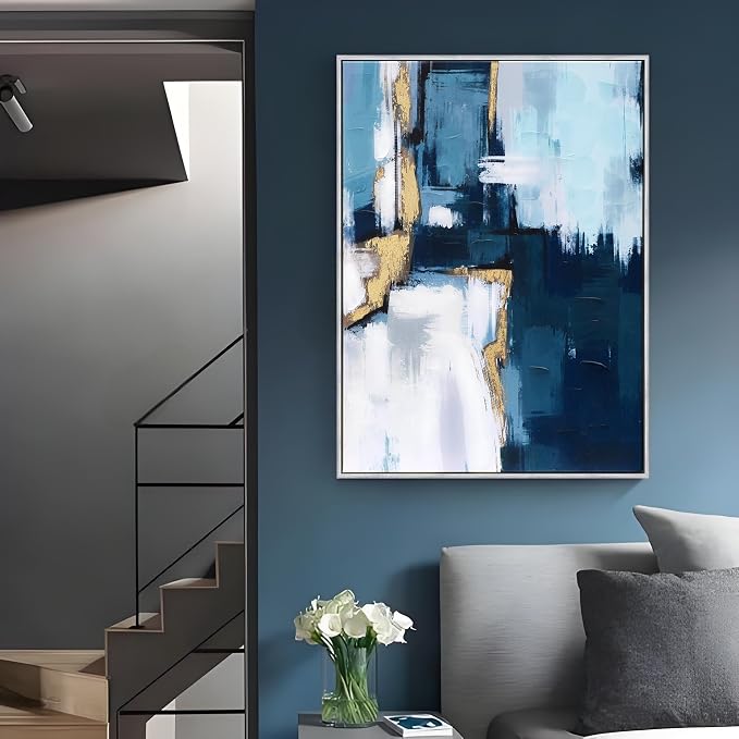 Sofoney - Hand Painted Blue and Gold Abstract Canvas Wall Art Heavy Textured Blue and White Wall Decor with Gold Foil for Living Room Bedroom - 24"x32", Silver Framed