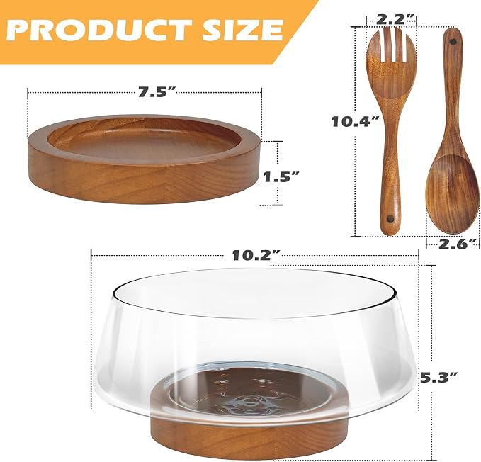 PROLEE Extra Large Glass Salad Bowl Set, Clear Salad Bowl with Solid Wood Base Servers, Elegance Salad Serving Bowls for Kitchen Utensils and Party