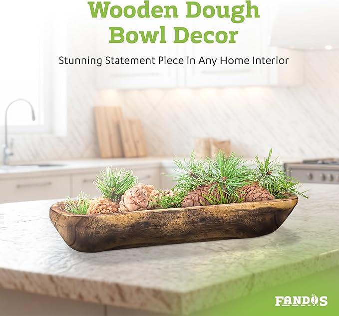 FANDOS Wooden Dough Bowl for Decor - 17¾ in Long Hand Carved Paulownia, Large Rustic Decorative Bowl for Home Table Centerpiece, Keys, Entryway Table, Catchall Tray & Wooden Dining Room Centerpiece