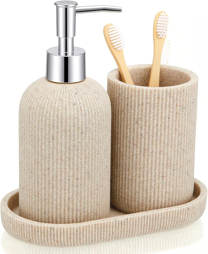 Beige 3 Pcs Toothbrush Holder, Soap Dispenser and Toothbrush Holder, Stripes Decorative Tray Set, Vanity Tray for Bathroom, Frosted Farmhouse Decor