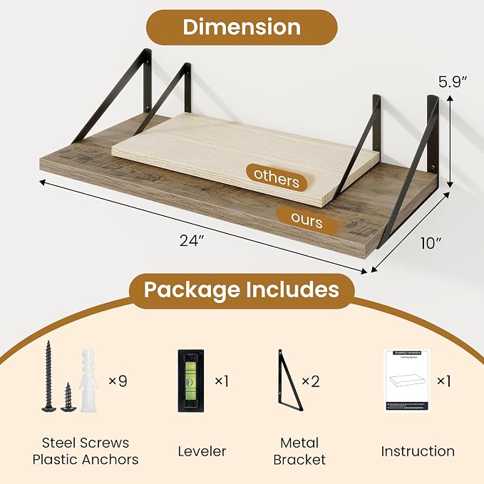 Acovy Deep Floating Shelves,24" Wx10 D Floating Shelf for Wall Set of 2,Hanging Storage Shelf with Metal Brackets,Wide Display Wall Shelves for Living Room,Bedroom,Bathroom,Kitchen,Grey