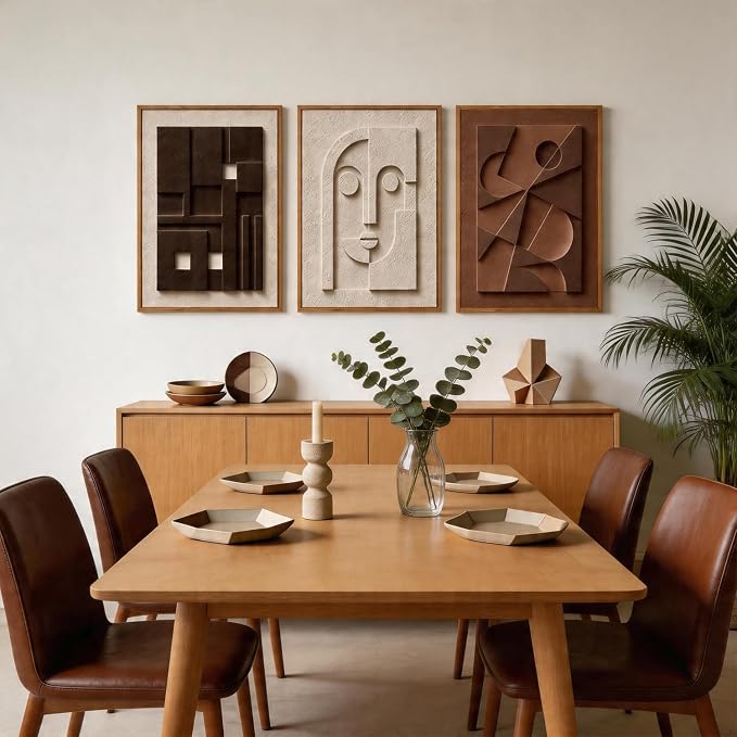 CHDITB 3D Textured Abstract Geometric Face Framed Canvas Wall Art Set, Neutral Earth Tone Relief Sculpture Wall Decor, Minimalist Carved Prints for Living Room Hallway Entryway Home Decor 16"x24"x3