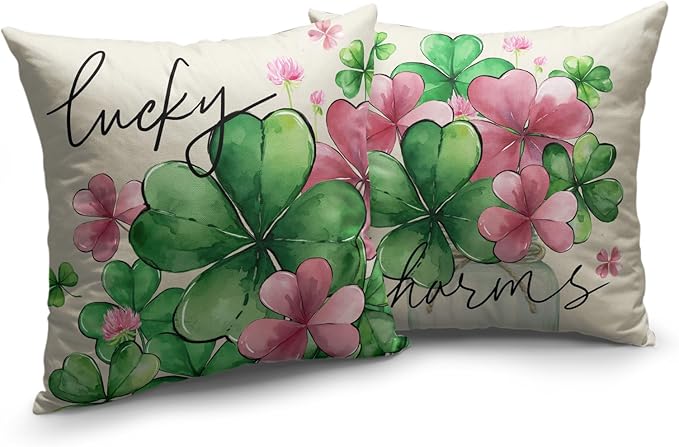 Set of 2 Pink Clover Shamrock Throw Pillow Covers 16x16 St Patricks Day Cotton Linen Pillow Cases Lucky Charms Spring Decorative Pillow Covers for Home Bedroom Sofa Decor