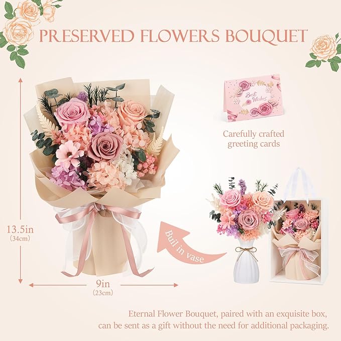Flowers for Delivery Prime Preserved Flowers Bouquet That Last 3-5 Years Real Forever Roses Bouquet Mothers Day for Mom Mother Women Wife Girlfriend Anniversary Birthday Gifts for Mom(Pink)