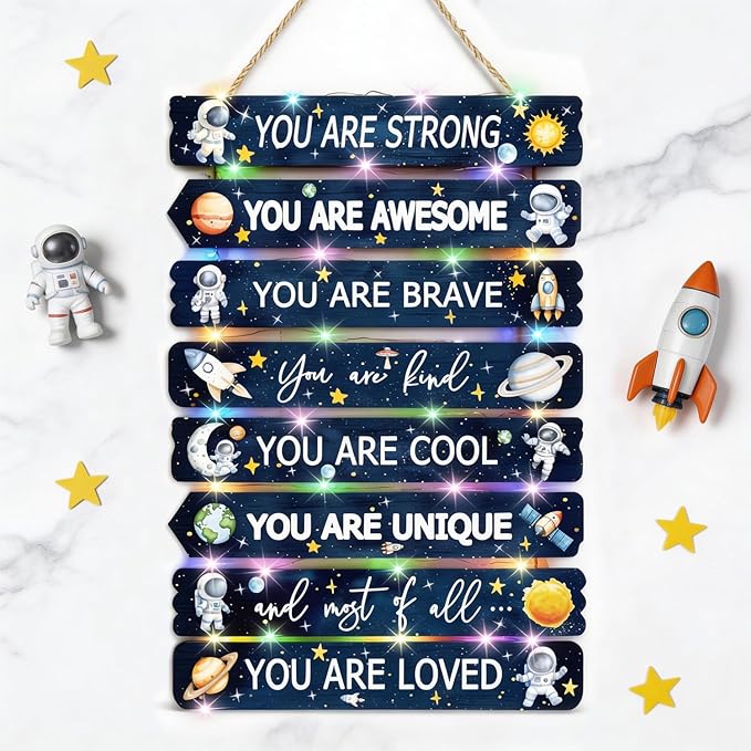 Space Wall Decor with LED Light Bedroom Boy Living Room Decor Inspirational Wall Art for Kids Room Decor Wood Wall Decorations Little Baby Nursery Room Decor Toddler Room Sign