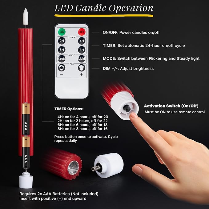 6 Pack, 10" LED Flameless Real Wax Red Fluted Ribbed Grooved Taper Candles, Remote & 24h Timer Memory, On/Off Button, Dimmable, Flicker Mode, Battery Operated, Wedding