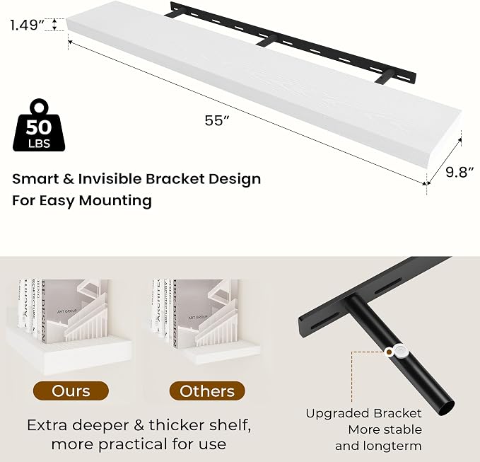 Dreamland 55Inch White Floating Shelves 9.8" Deep Wall Mounted Set of 2 | Wall shelves for bathroom, bedroom, Living Room, kitchen, deep wall mount wood storage display for home decor 55" x 9.8"