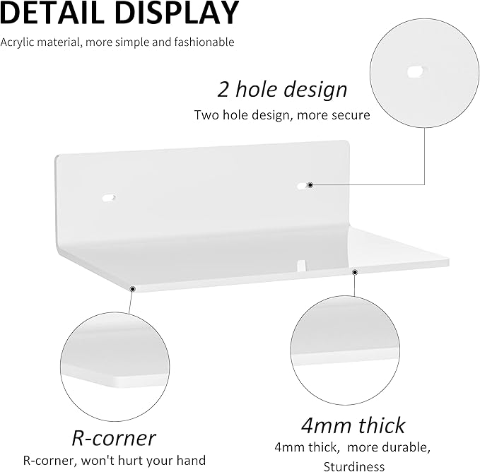 Sezanrpt 9 Inches Acrylic Wall Shelves 2 Pack, Floating Shelf for Wall Mounting, Acrylic Display Ledges for Funko Pop Figures, Home Décor, Living Room, Gaming Room, Plants(9 inch, White)