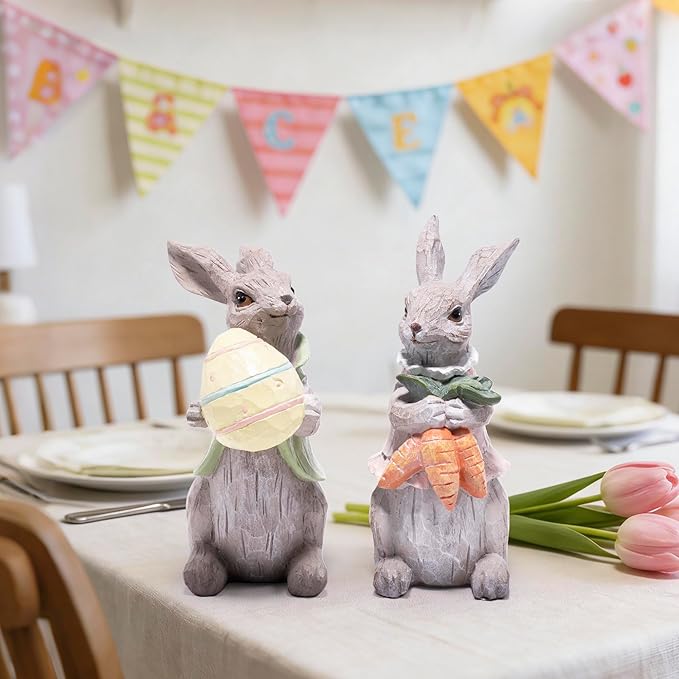 Hodao Easter Bunny Decorations Spring Home Decor Bunny Figurines Gifts (Easter Gray Rabbit 2pcs)