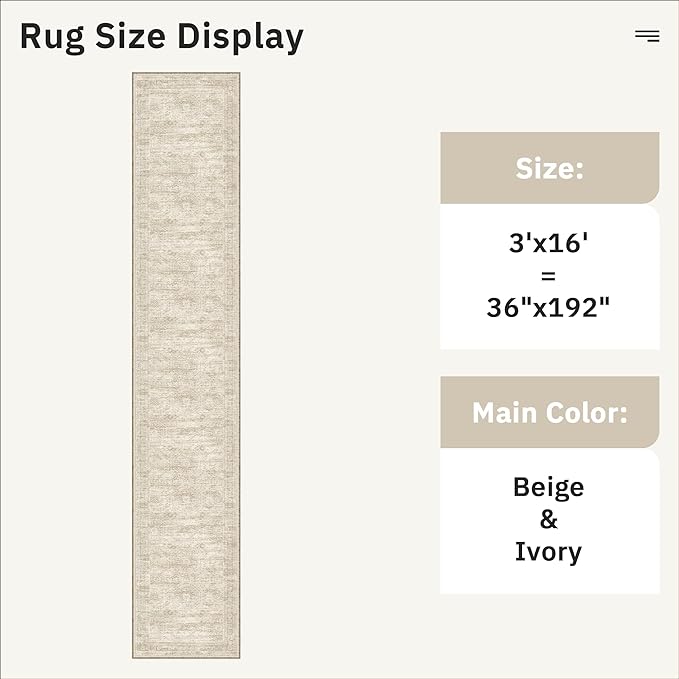 Soalmost Hallway Runner Rug 3x16 - Vintage Non Slip Washable 16ft Kitchen Runner for Entrance Soft Long Carpet Runners for Living Room Bedroom Dining Room, Beige