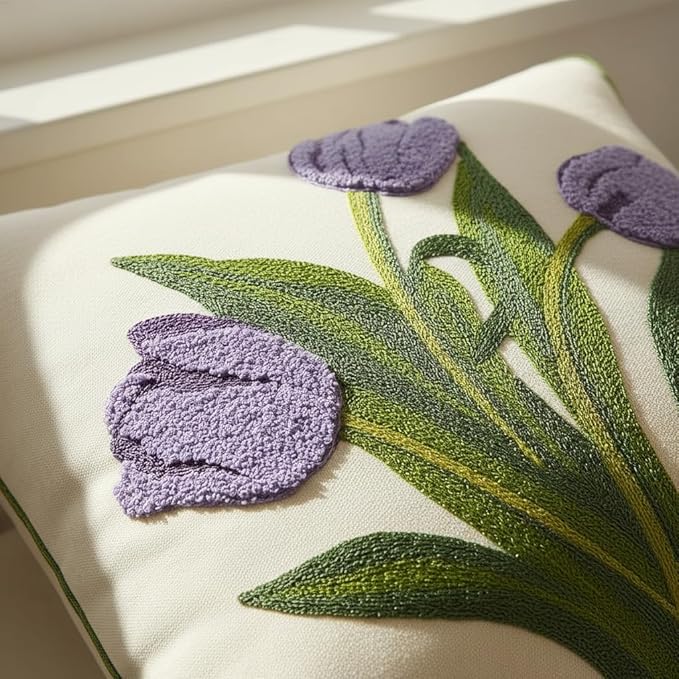 Purple Tulip Flower Pillow Covers 16x16 inch Pack of 2 Embroidery Throw Pillow Covers Spring Summer Pillow Cases for Couch Cotton Canvas Cushion Cover Square Farmhouse Floral Decor Pillow Case