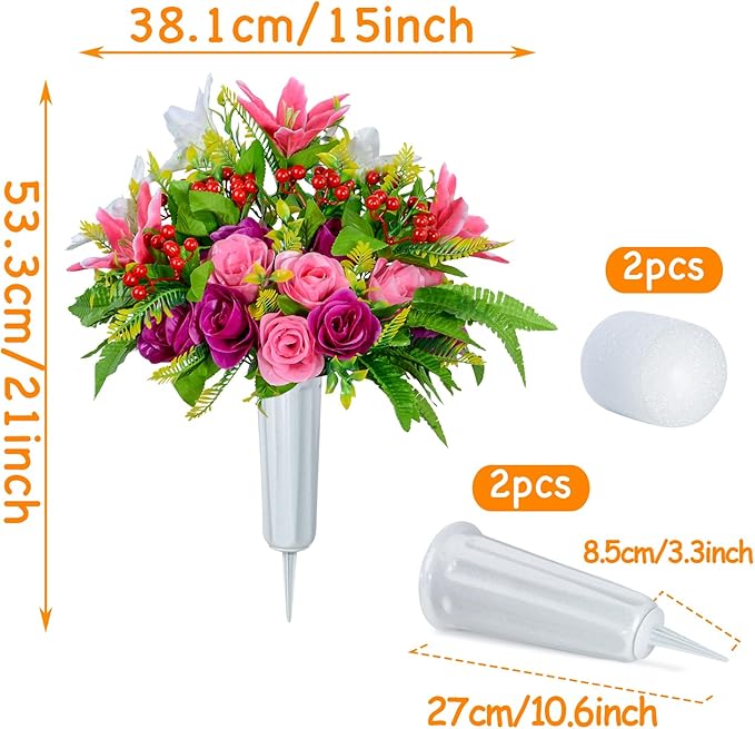 XONOR Artificial Cemetery Flowers with Vase, Set of 2 Artificial Rose Lily Bouquet Graveyard Memorial Flowers for Cemetery Headstones Decoration