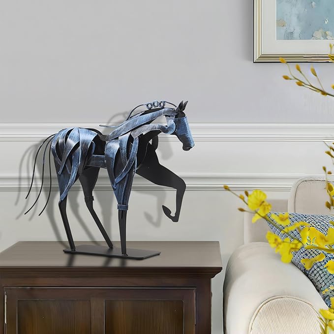 SunBlogs Art Metal Horse Statue Décor, Handmade & Hand-Painted Modern Western Horse Decoration, Rustic Iron Sculpture Gifts for Home Office for Horse Lovers (Vintage Blue)