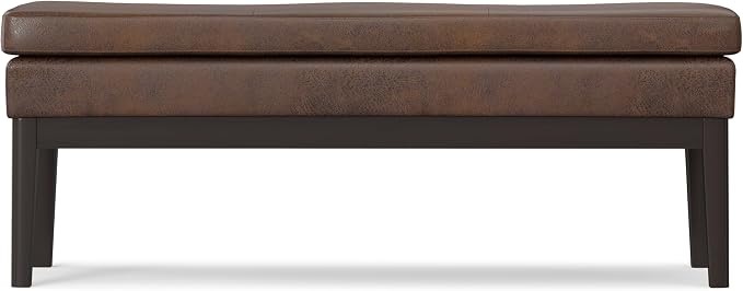 SIMPLIHOME Carlson Ottoman Bench - 45 inch Wide Upholstered Vegan Leather Rectangle Ottoman in Distressed Chestnut Brown, Mid Century Modern Bench for Bedroom or Living Room with Padded Seat