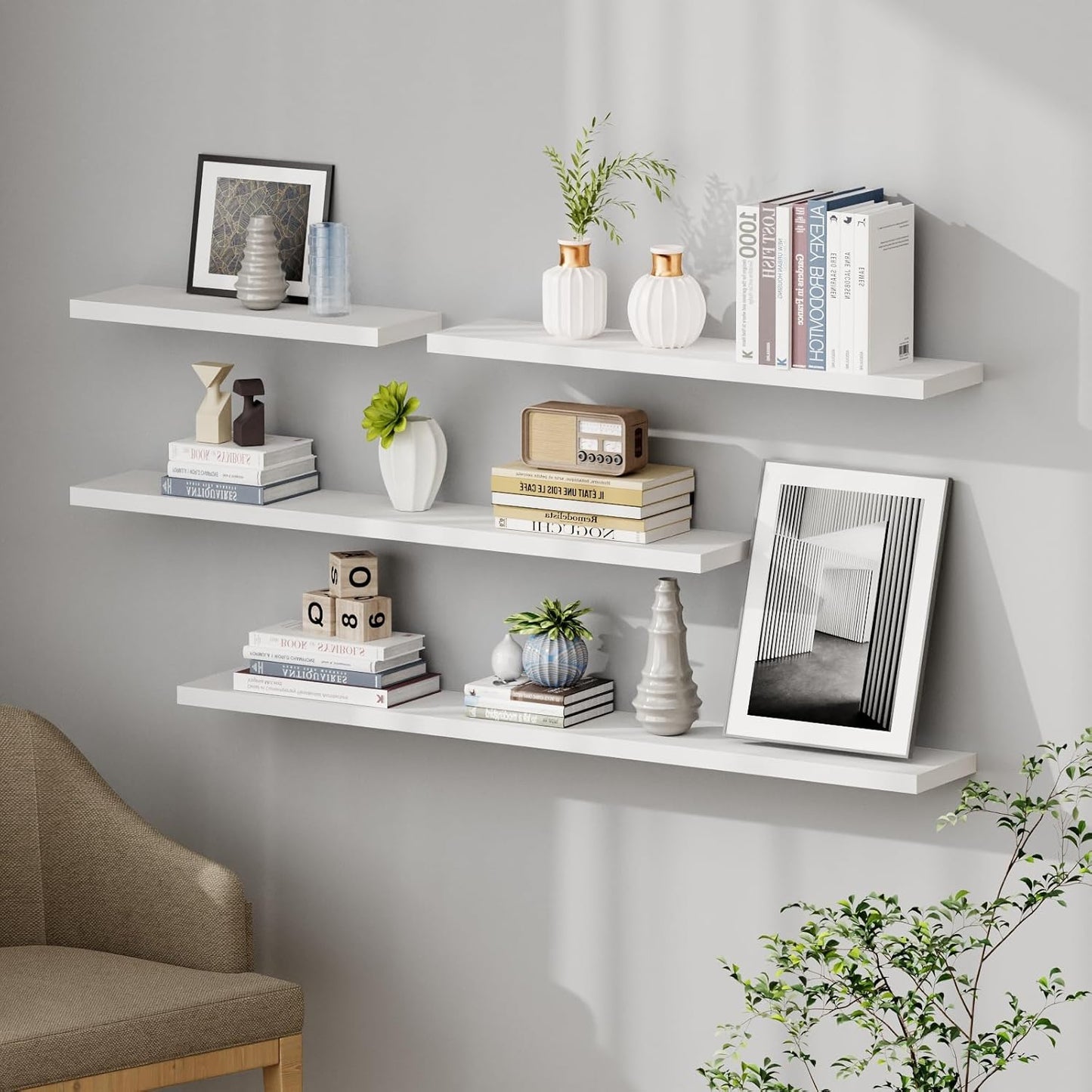 SAUMONIERES Floating Shelves 8 Inch Deep Solid Wood Wide Wall Shelf Set of 2 Wall Mounted for Bedroom Bathroom Living Room Kitchen, 36 Inch White