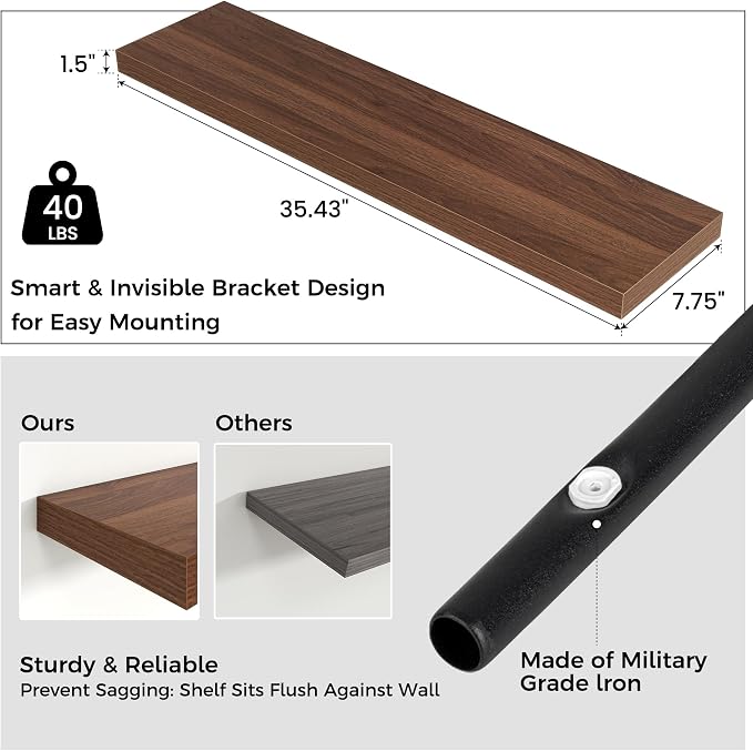 36" Wide x 8" Deep Floating Shelves for Wall, Walnut Finish, 2-Pack | Engineered Wood Wall Shelves with Invisible Brackets for Living Room, Bedroom, Bathroom, Office & Kitchen Storage
