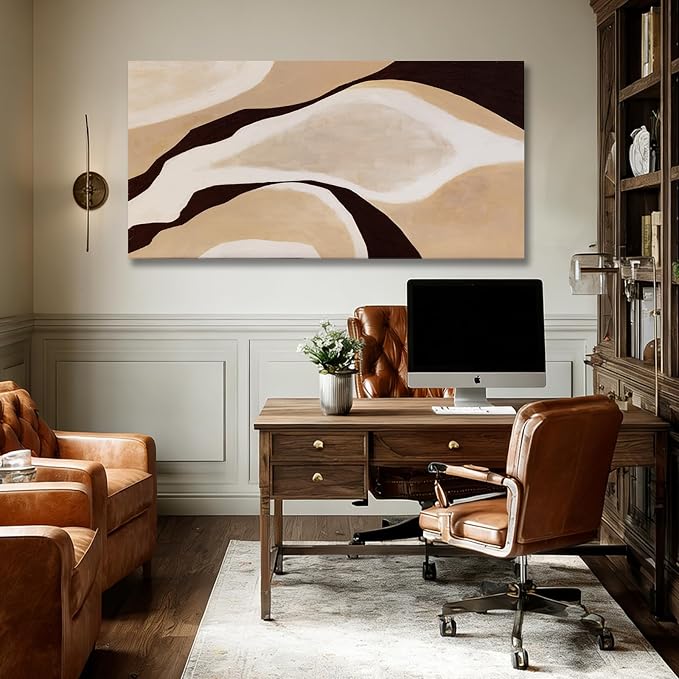 Dolidoteart Beige Brown White Black Canvas Wall Art, Large Neutral Abstract Wall Art Print for Bedroom, Modern Horizontal Wall Decor for Living Room, 24x48 Inch
