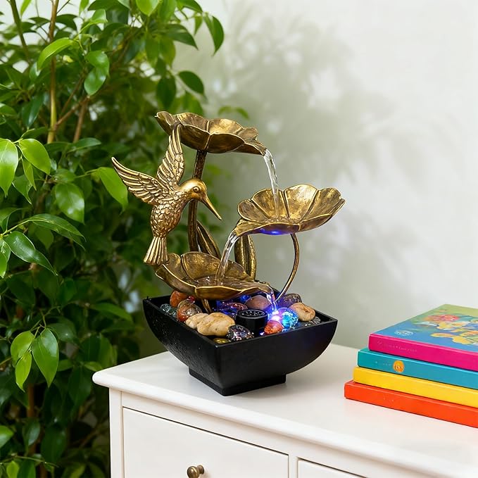 AOZITA Tabletop Fountain, Indoor Waterfall Fountain, Small Home Décor Zen Relaxation Soothing Sound Machine for Office, Living Room, or Bedroom, Bronze Metal Lotus with Hummingbird, River Rocks, LED