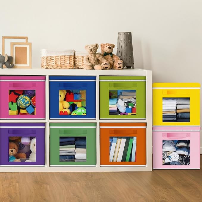 Threehoney 10 Pcs Fabric Storage Cubes with Lids and Clear Windows 11x11 Inch Foldable Closet Organizer Bins Aesthetic Rainbow Storage Bins for Shelves Dorm Essentials Craft & Office Organization
