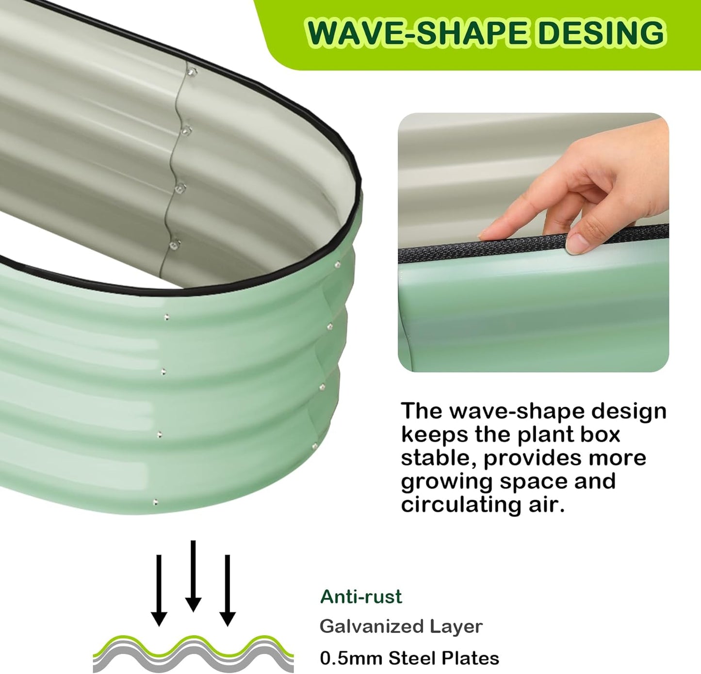 2 Pcs 4.5x2x1ft Oval Raised Garden Bed, Galvanized Raised Beds,Open-Ended Base Metal Raised Planter Beds,Garden Bed Outdoor,Planter Raised Boxes for Vegetables, Flowers,Tool-Free Asse,Green