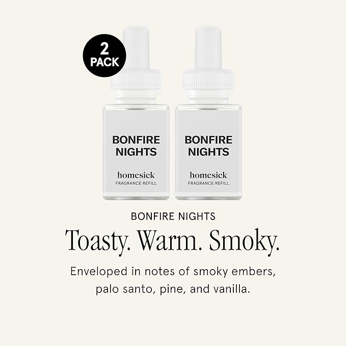 Pura & Homesick Home Scent Refill - Smart Home Air Diffuser Fragrance - Long-Lasting Luxury Scent per Refill - Clean Diffuser Fragrance - Household Essential - 2 Pack, Bonfire Nights