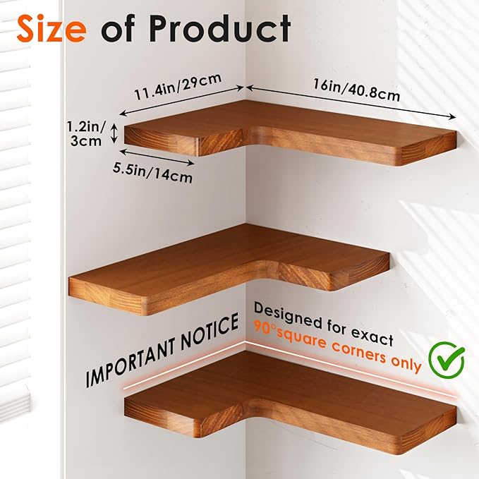Fixwal Corner Floating Shelves for Wall Mounted Natural Solid Wood 16"x11.4" Farmhouse Home Decor Display Shelving Set of 3 (Rustic Brown)