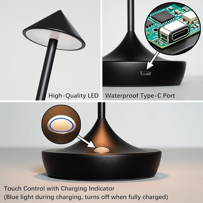 Rechargeable Cordless Table Lamp, Battery Operated LED Lamps | 3-Color Stepless Dimmable, Portable IP54 Waterproof Outdoor Lamps for Patio Dining Bar Home Office (2-Pack Black Mini)