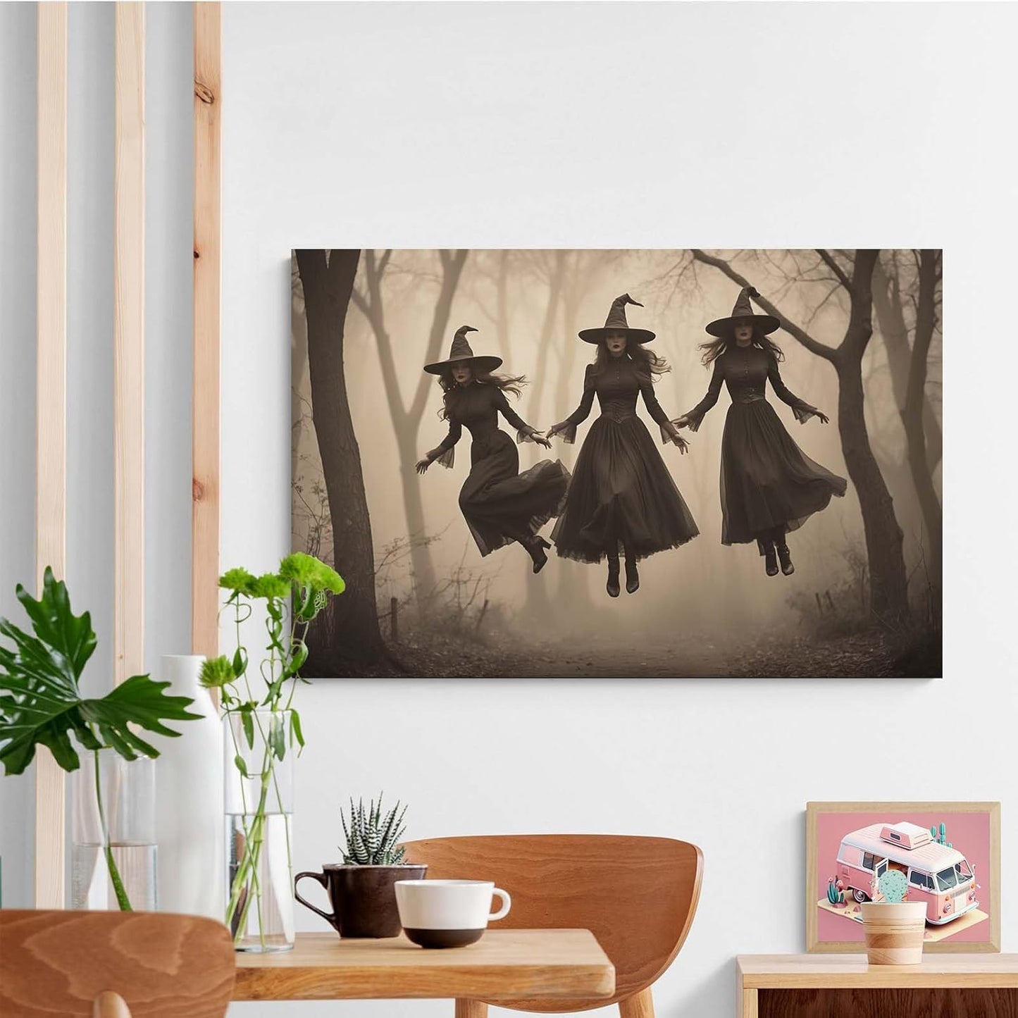 JFHCQJPK Three ghost witches flying in vintage forest gothic wall art witchcraft decoration holiday gift canvas wall art print12x16in Frameless