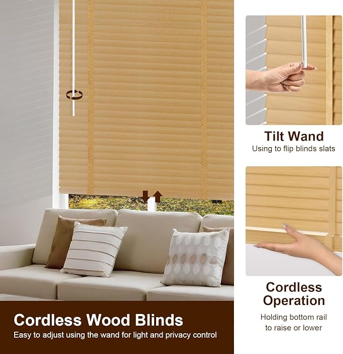2" Cordless Real Wood Blinds for Indoor Windows, Natural, 24" W x 48" H | Horizontal Venetian Blinds with Tilt Wand, Light Filtering, Privacy Control, Easy Installation for Bedroom, Living Room