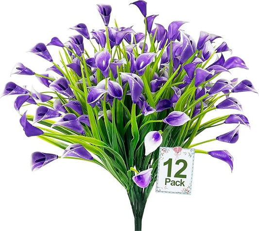 TURNMEON 12 Bundles Calla Lily (240 Heads) Artificial Flowers for Outdoors, Fake Plants UV Resistant Faux Plastic Fake Flowers for Indoor Planter Home Porch Yards Spring Summer Cemetery Decor(Purple)
