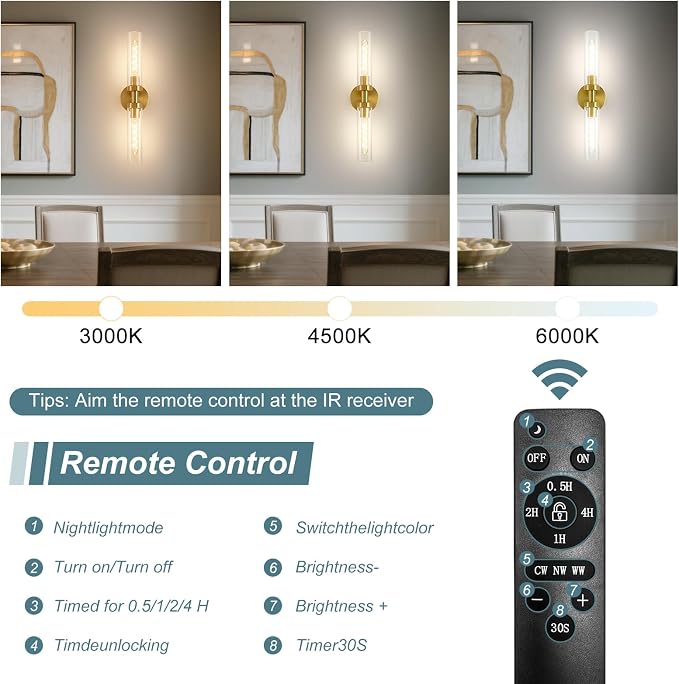 Battery Operated Wall Sconces, Wall Sconce Set of 2, 3000K-6500K Gold Rechargeable Wall Lamp with Remote, Indoor Non-Hardwired Wall Sconce, Modern Vanity Light for Bedroom, Living Room, Aisle