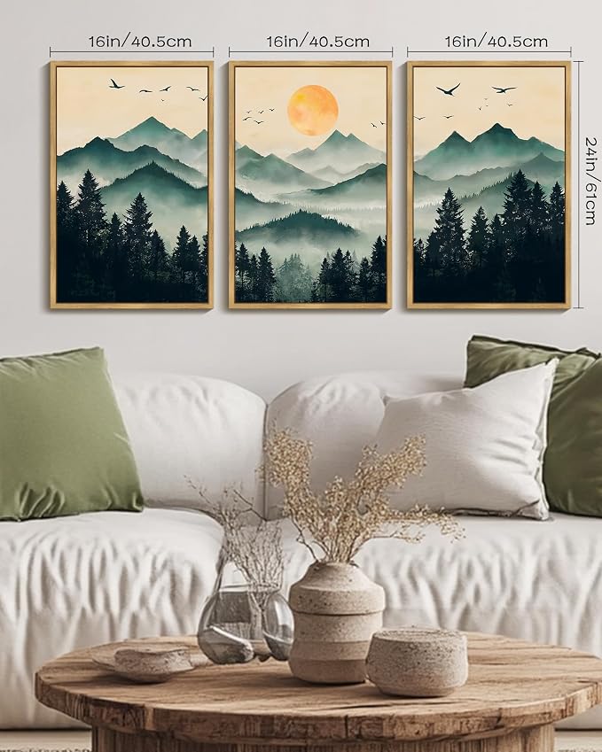 PHOPAGO Mountain Landscape Fog Pine Tree Framed Wall Art Large Large 16x24in Watercolor Nature Misty Forest Artwork Paints Sun Rise Farmhouse Rustic Decor for Bedroom Living Room - Natural Framed