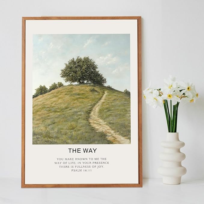 LHIUEM Christian Bible Verse Framed Canvas Wall Art,Vintage Jesus Wall Decor,Religious Scripture Landscape Painting,Natural The Way The Truth Artwork for Living Room,Bedroom,Dining Room -24"x36"x3