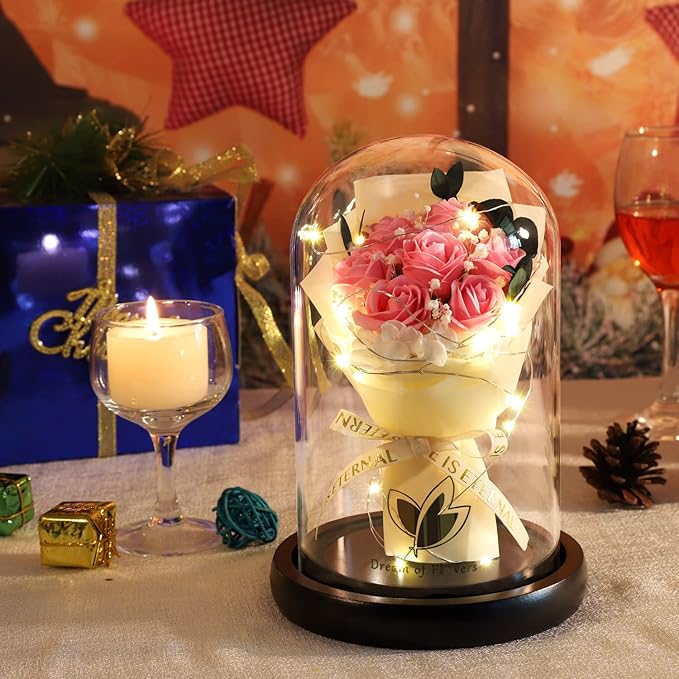 Beauty and The Beast Rose,Lasts Forever Pink Roses,Light Up Rose in Glass Dome,Gifts for Women,Birthday Gifts for Mom,Wife,Grandma,Anniversary,Mothers,Thanksgiving,Christmas Flowers Gifts