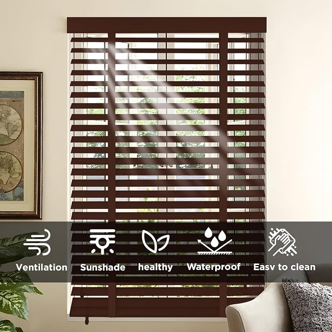 2" Slats Wood Blinds for Indoor Windows: Solid Wooden Blackout Blinds & Shades,Black Out Privacy Horizontal Blinds for Home Bedroom Bathroom Living Room Windows and Doors 42.5" WX72 H Dark Brown